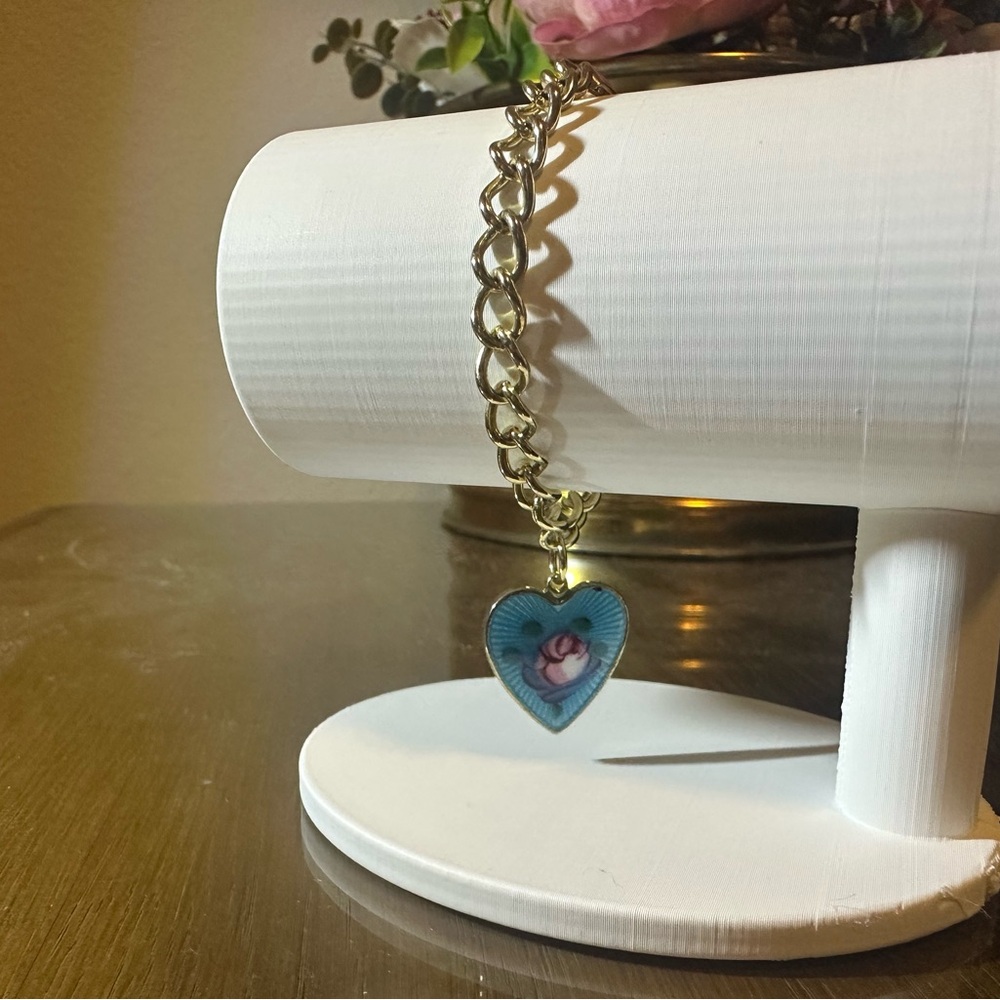 Gold Chain Bracelet with Blue Heart Pendant Rose Guilloché